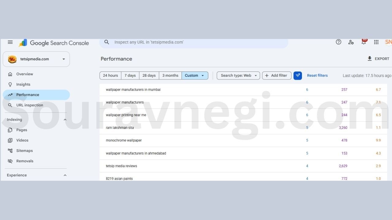 Search Console query data showing Tetsip Media's rankings for wallpaper manufacturer and niche design keyword searches