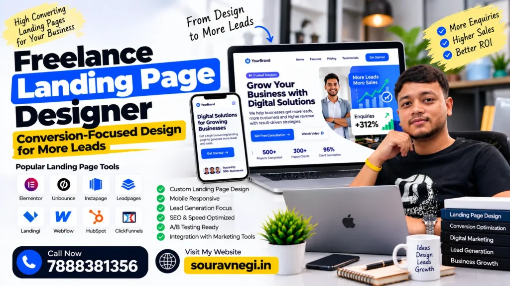Sourav Negi, freelance landing page designer creating responsive, conversion-focused landing pages for lead generation and digital marketing campaigns.